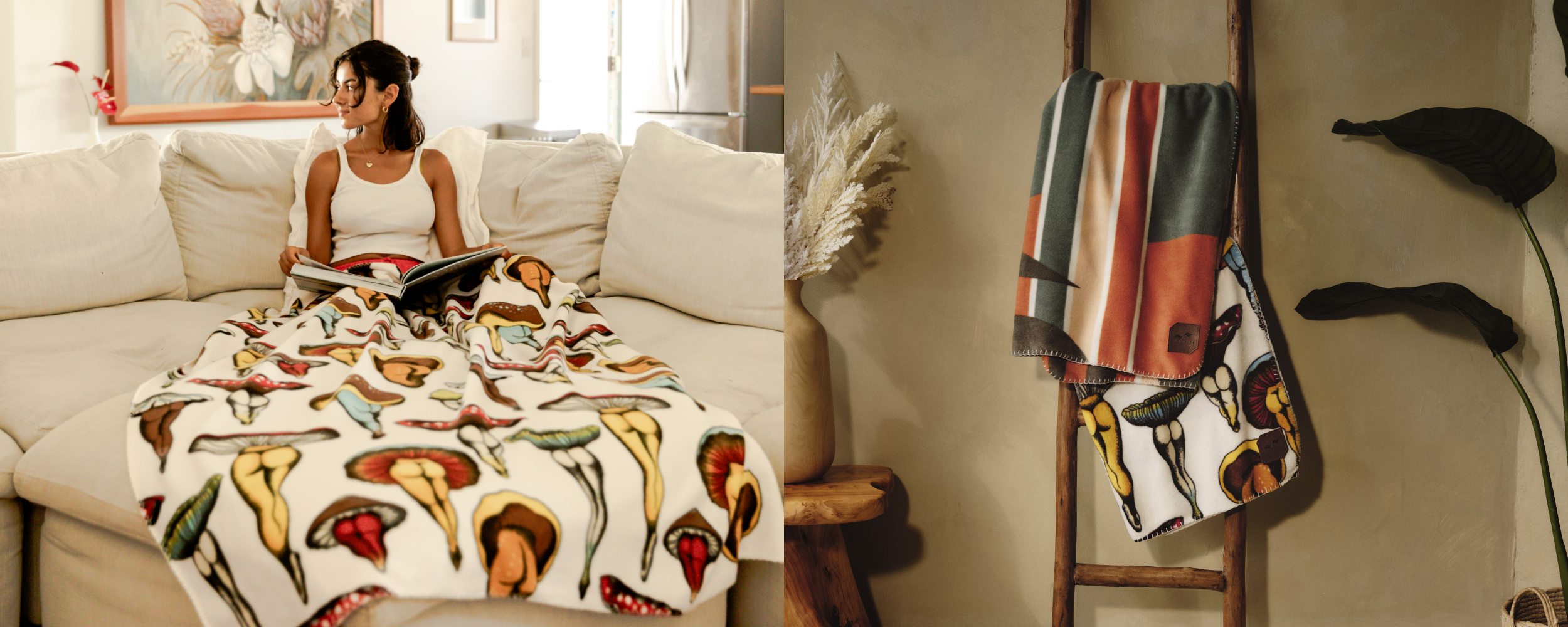 A woman sits on a beige couch reading, covered with a colorful mushroom-patterned blanket. Next to her, the same blanket is draped over a wooden ladder against a neutral wall.