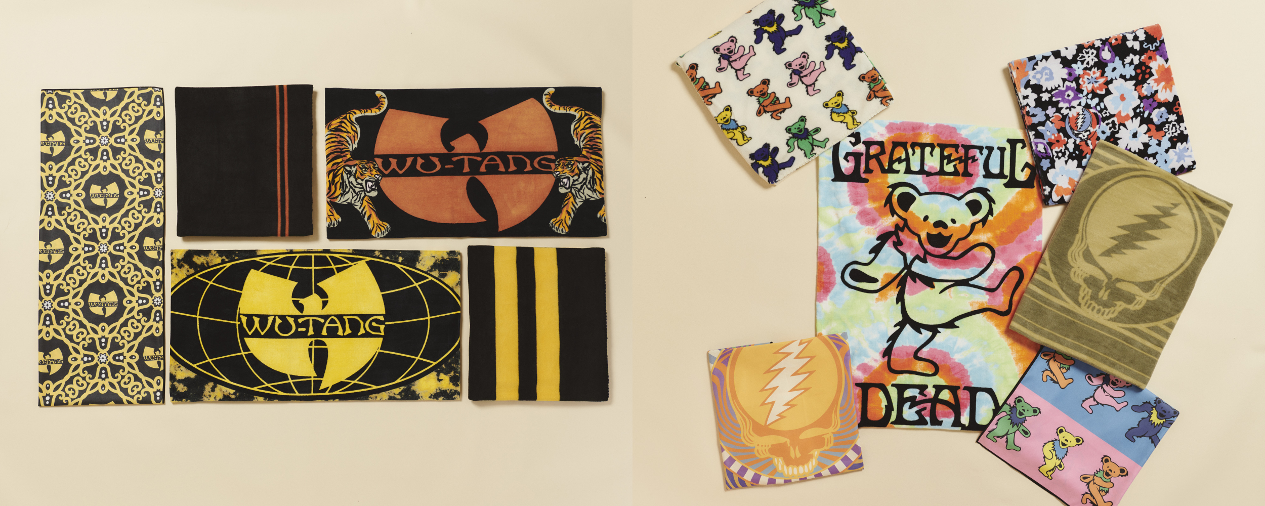 Two groups of colorful towels: left features Wu-Tang Clan logos and patterns in yellow and black; right features Grateful Dead designs with dancing bears, tie-dye, and lightning bolt symbols.