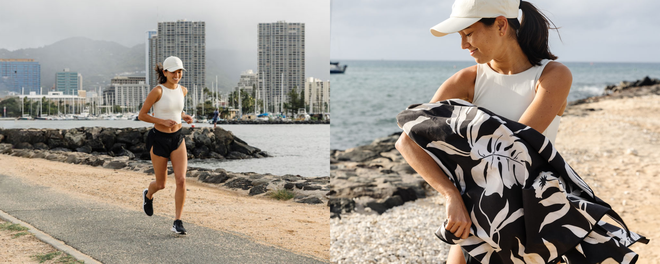 A woman in athletic wear jogs along a waterfront path, then stands on a rocky beach holding a black and white towel, with city buildings and boats in the background.
