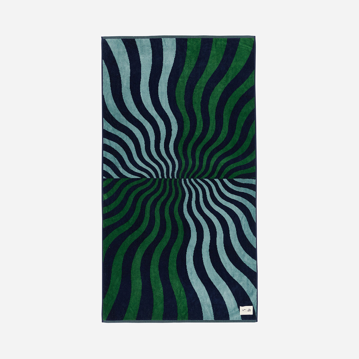A rectangular towel with wavy, swirling dark green and navy blue stripes creating an optical illusion pattern. There is a small white tag on one corner.