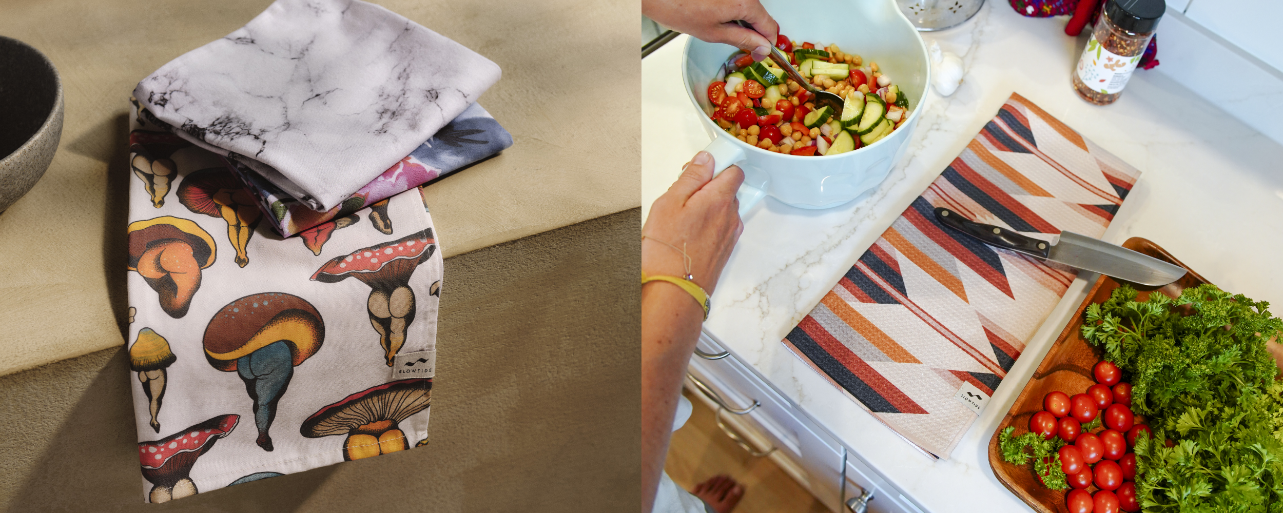 Left: Folded kitchen towels, one with a mushroom print, on a countertop. Right: A person prepares a salad near a cutting board with vegetables, herbs, and a patterned towel on a kitchen counter.