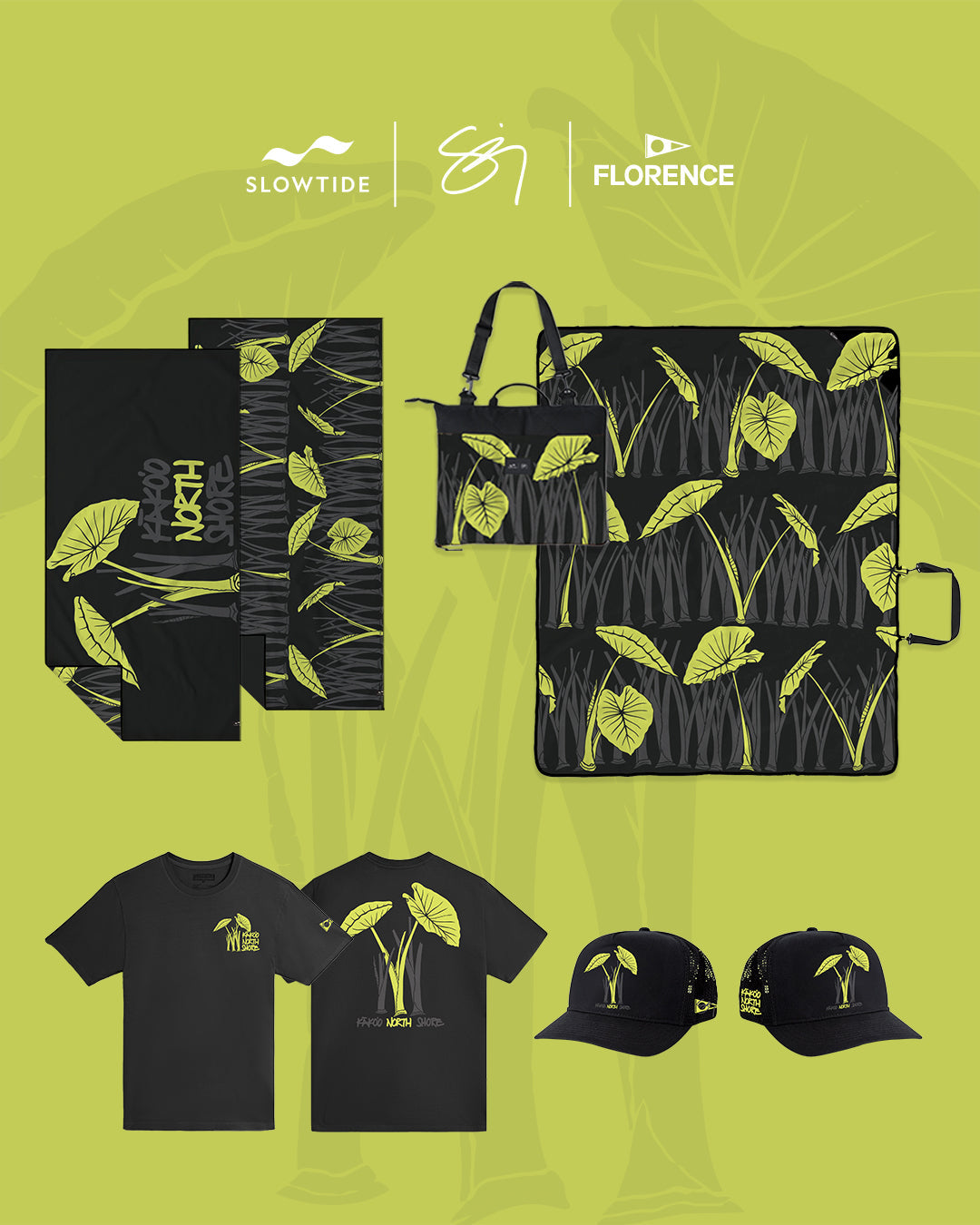 Merchandise set with a black and lime green leaf pattern, including two shirts, two caps, a towel, and a tote bag. Background has matching leaf motif and logos for Slowtide and Florence.