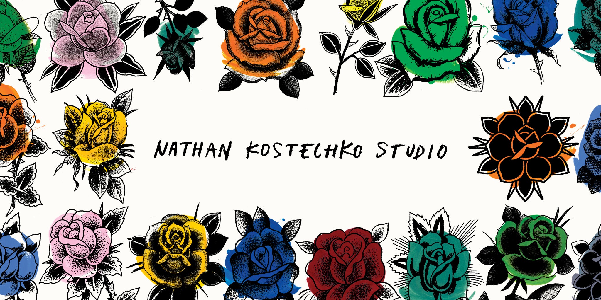 Colorful hand-drawn roses in various shades frame the text Nathan Kostechko Studio in the center on a white background.