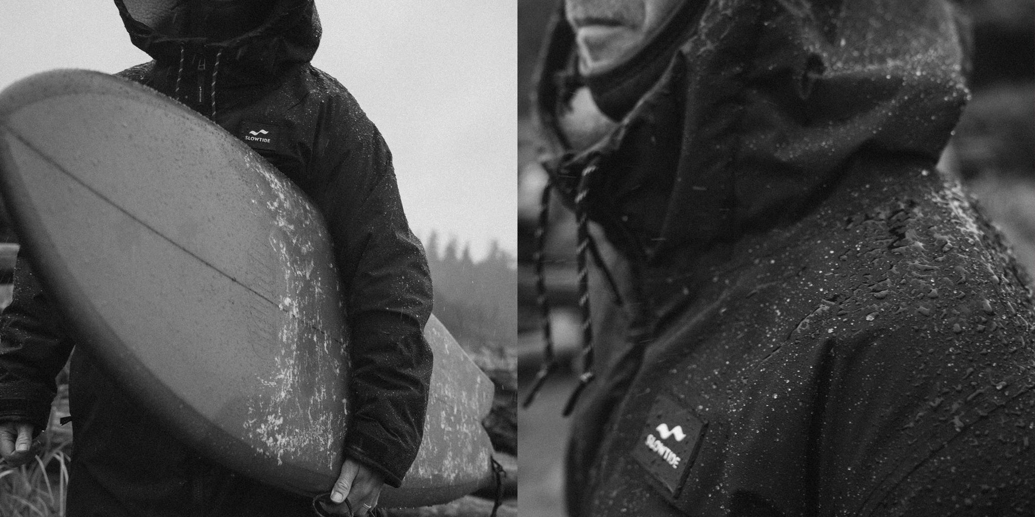 Black and white photo of a person in a rain-soaked jacket holding a surfboard, with water droplets visible on the jacket; the image is split into two close-up views.