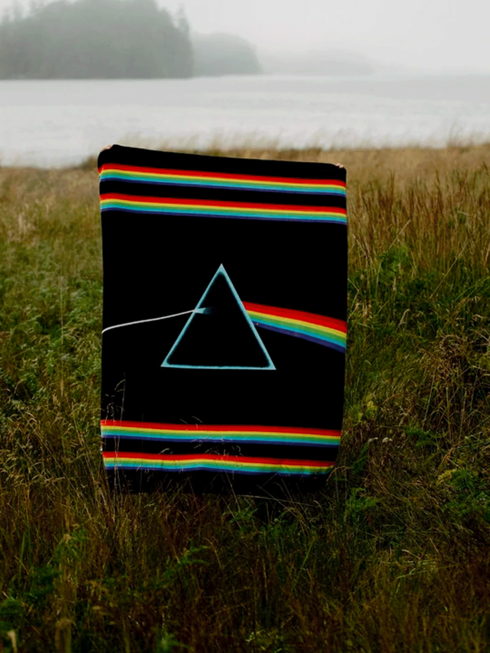 A black blanket with a prism and rainbow design stands upright in a grassy field near water on a foggy day. The blanket features colorful stripes at the top and bottom.