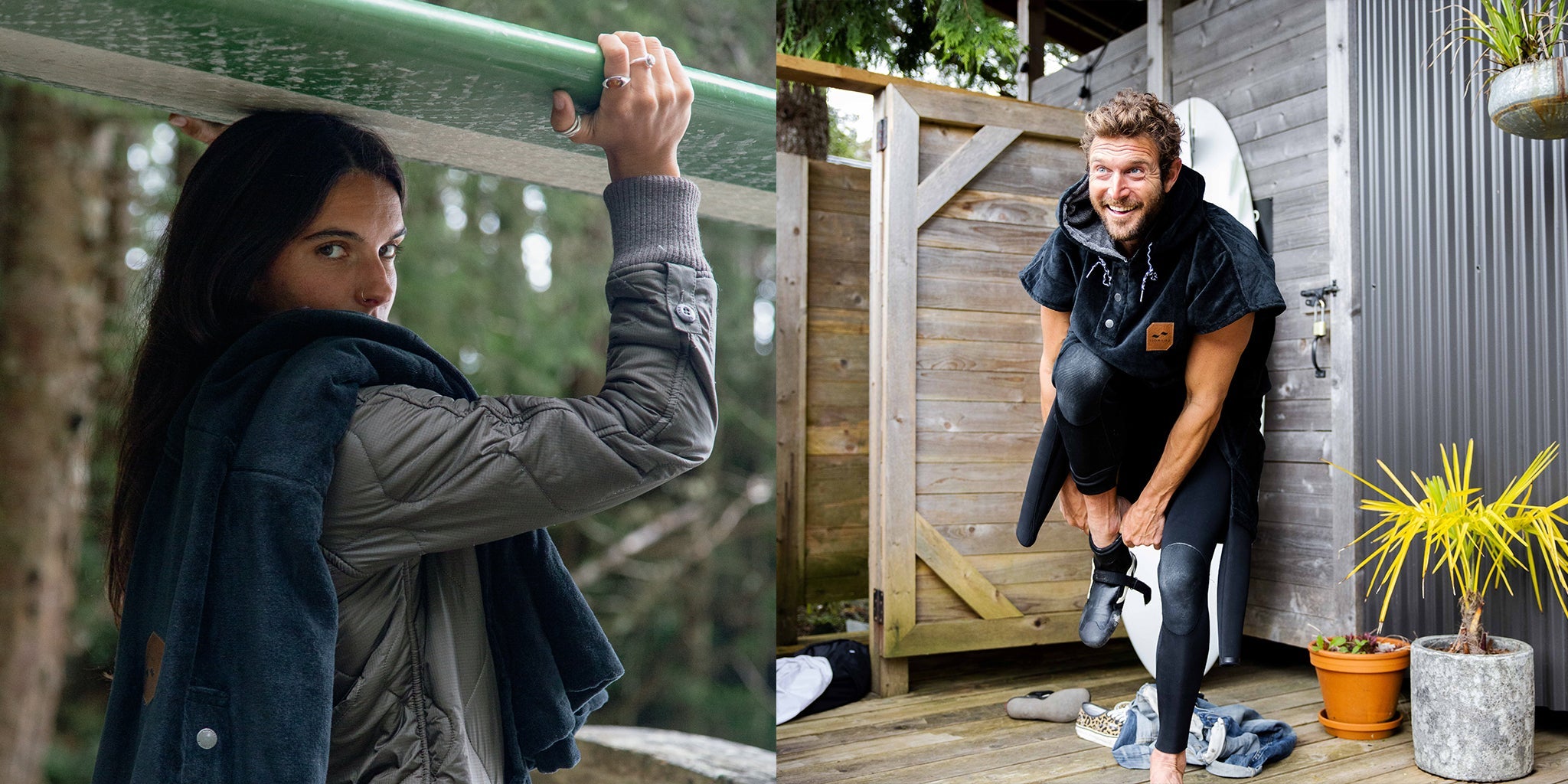 Split image: On the left, a woman in a jacket carries a surfboard on her shoulder outdoors. On the right, a man in a wetsuit smiles while changing clothes beside a wooden cabin.