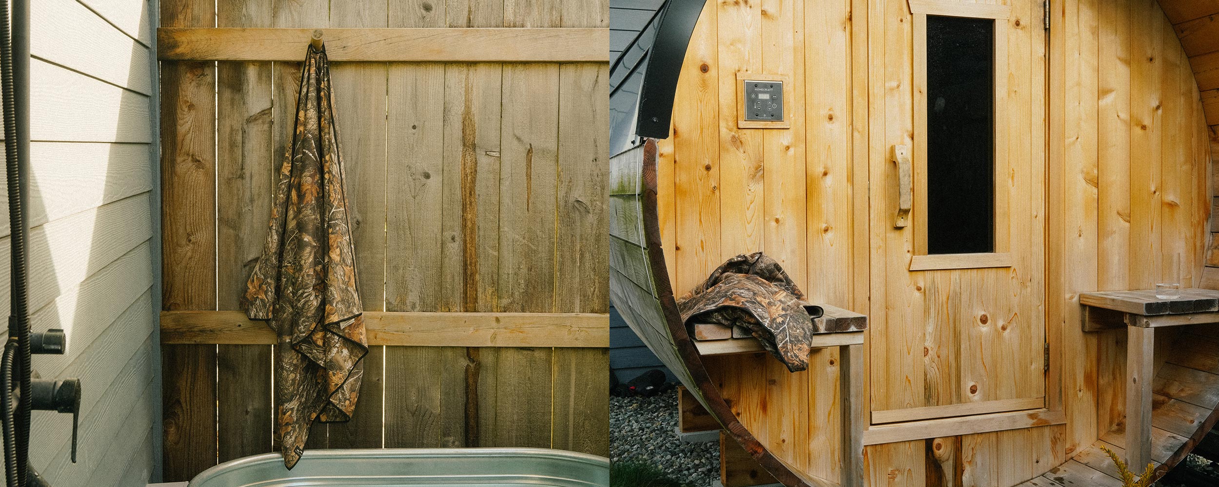 Split image: Left side shows a camouflage jacket hanging on a wooden fence above a metal tub. Right side shows a wooden sauna with a window and a camouflage jacket draped over a bench.