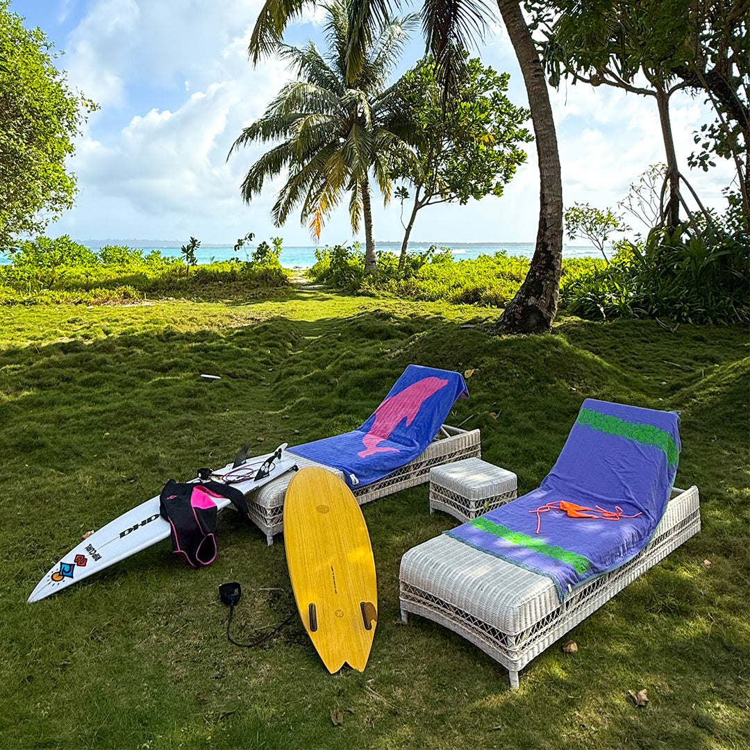 Two lounge chairs with colorful towels sit on grass near palm trees. A surfboard and a bodyboard rest nearby. The ocean and blue sky are visible in the background.