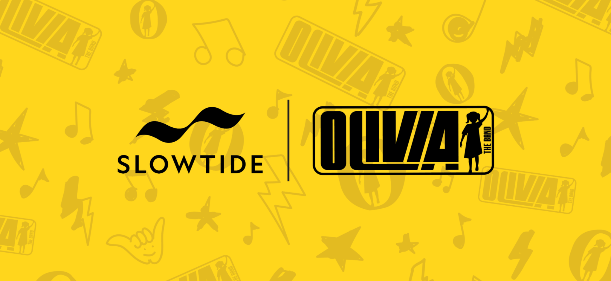 Yellow background with SLOWTIDE and OLIVIA logos in black at the center, surrounded by music notes, stars, lightning bolts, and other icons in a lighter shade of yellow.