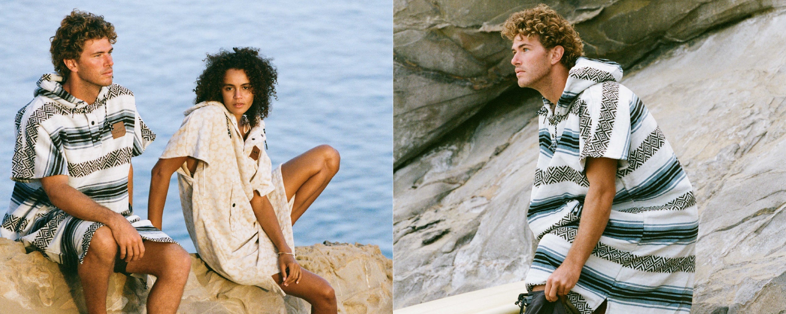 Two people sit on rocks by the sea wearing loose, patterned hooded garments; on the right, a closer view shows one person in a similar outfit near rocky cliffs.