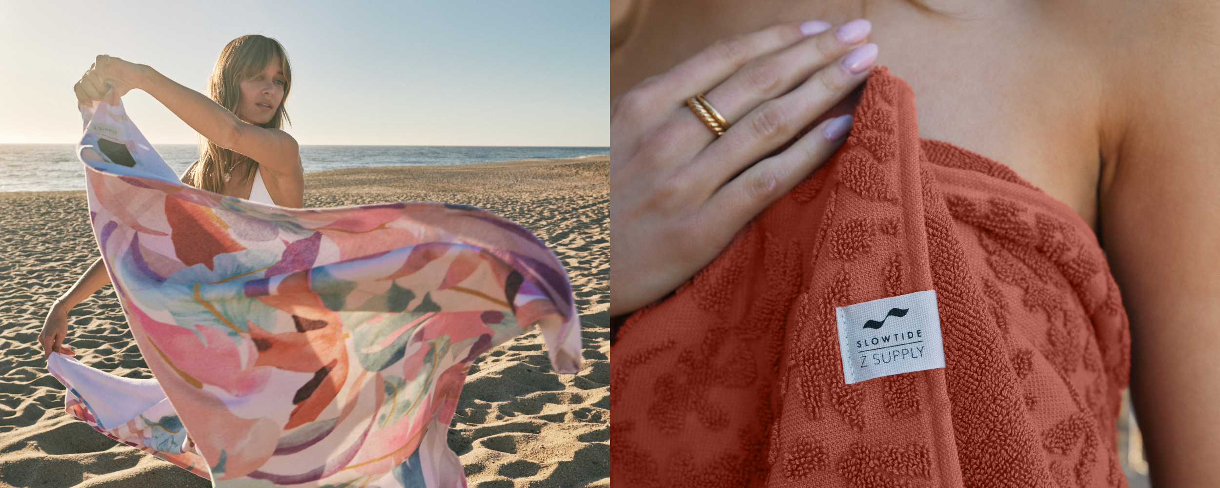 A woman twirls with a colorful towel on a sandy beach; close-up of hands holding an orange towel with a Slowtide Supply label.