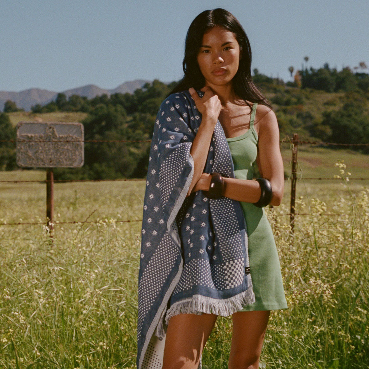 A woman in a green dress stands in a grassy field with mountains in the background, holding a blue patterned shawl over her shoulder and wearing black bangles on her wrist.