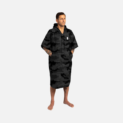 Black camo hooded poncho towel with quick-dry material, oversized design.
