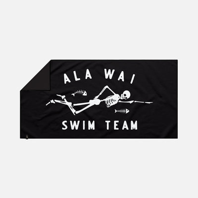 Black beach towel featuring white skeleton graphic and swim team text design.