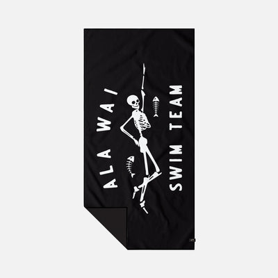 Black sand resistant towel with white skeleton and bold text design.