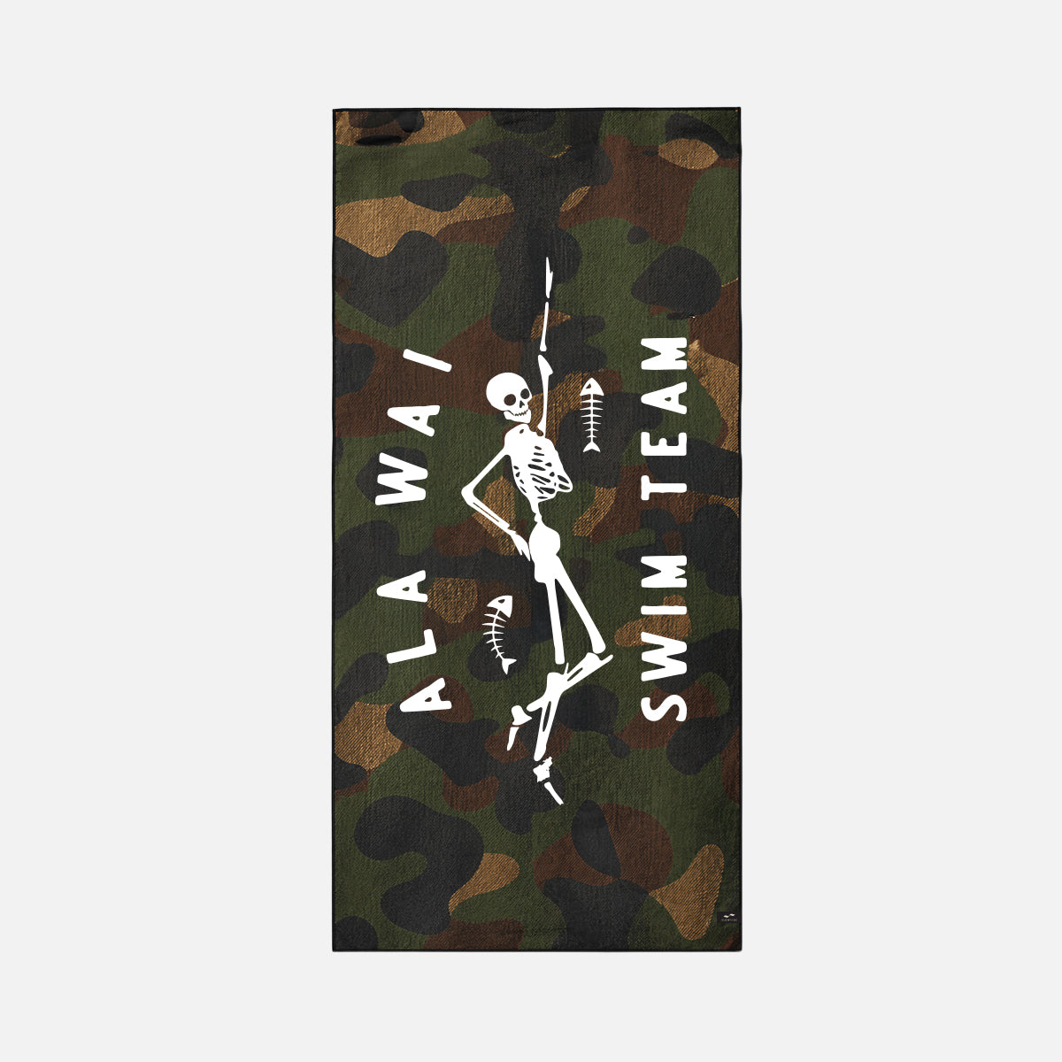 Recycled plastic camo towel with white skeleton graphic and bold swim team lettering.