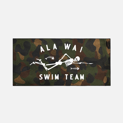 Recycled plastic camo towel with white skeleton graphic and bold swim team lettering.