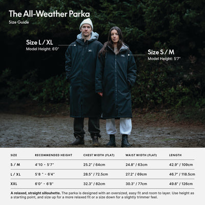 Waterproof insulated parka size and measurement chart.