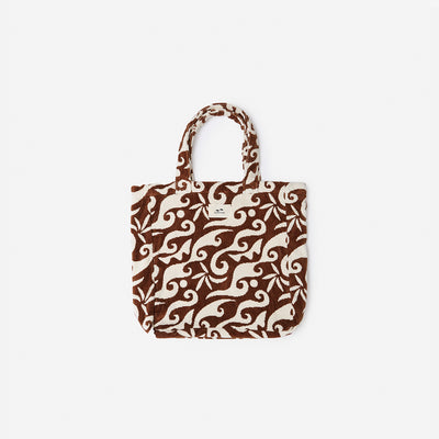 Tote bag with brown and cream swirl pattern and short handles.