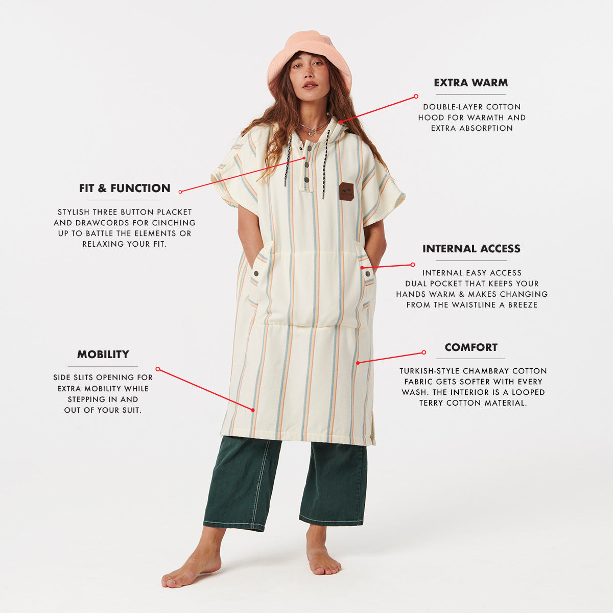 Striped fouta fabric poncho with labeled features.