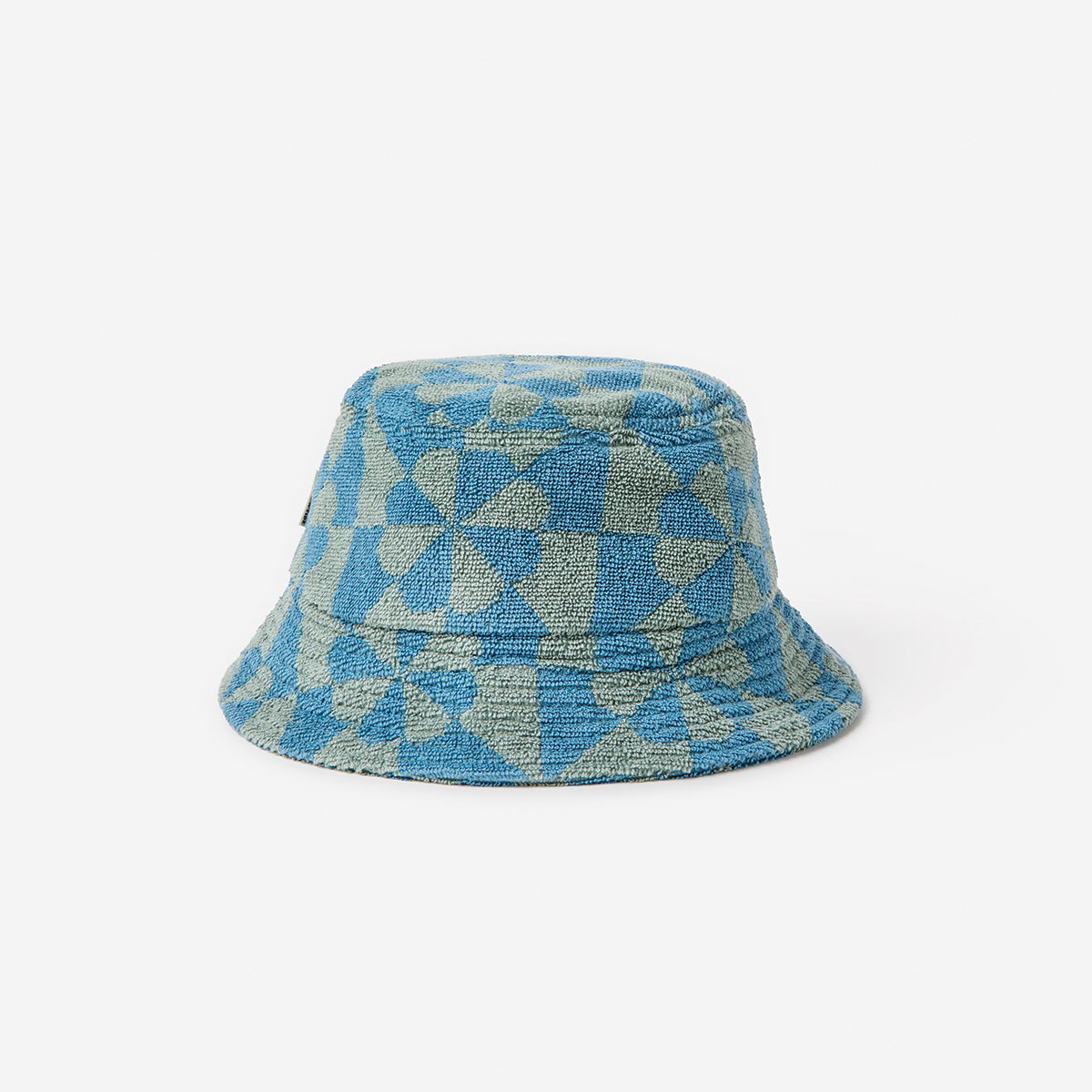 Bucket hat in blue and light green terry cloth with geometric checkered pattern.