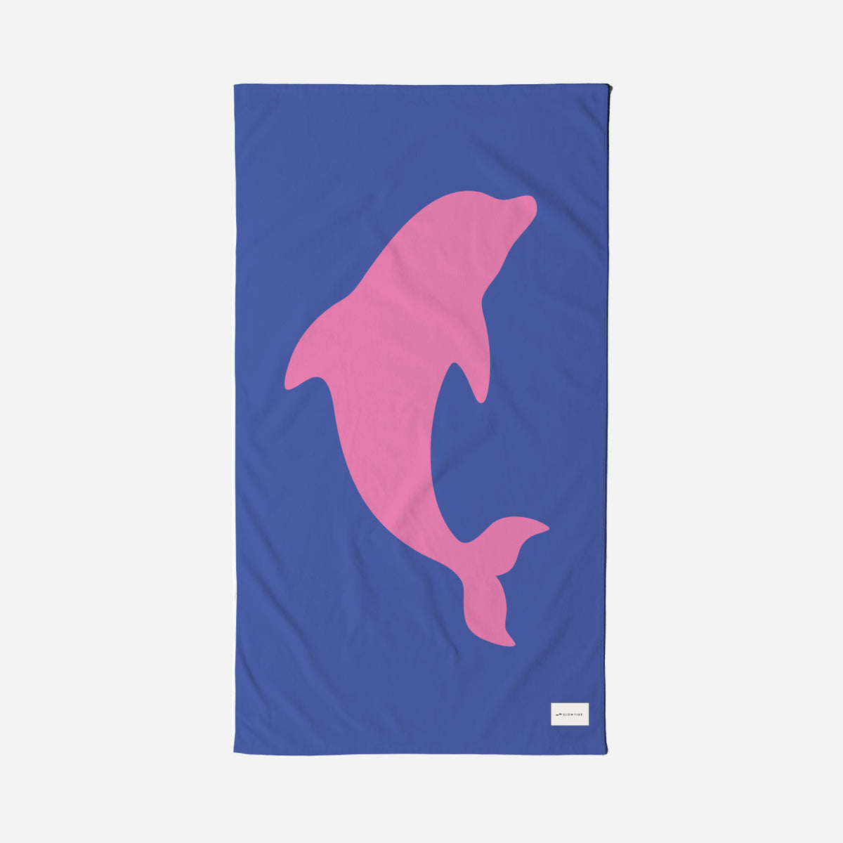 Cotton towel with pink dolphin silhouette on blue background.