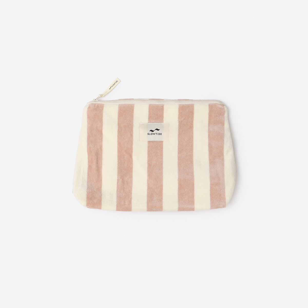 Cotton canvas bag with light pink stripes and zipper, used as a stylish organizer.