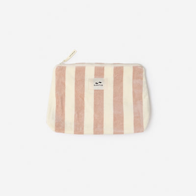 Cotton canvas bag with light pink stripes and zipper, used as a stylish organizer.