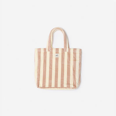 Beach bag with beige and pink vertical stripes and two handles.
