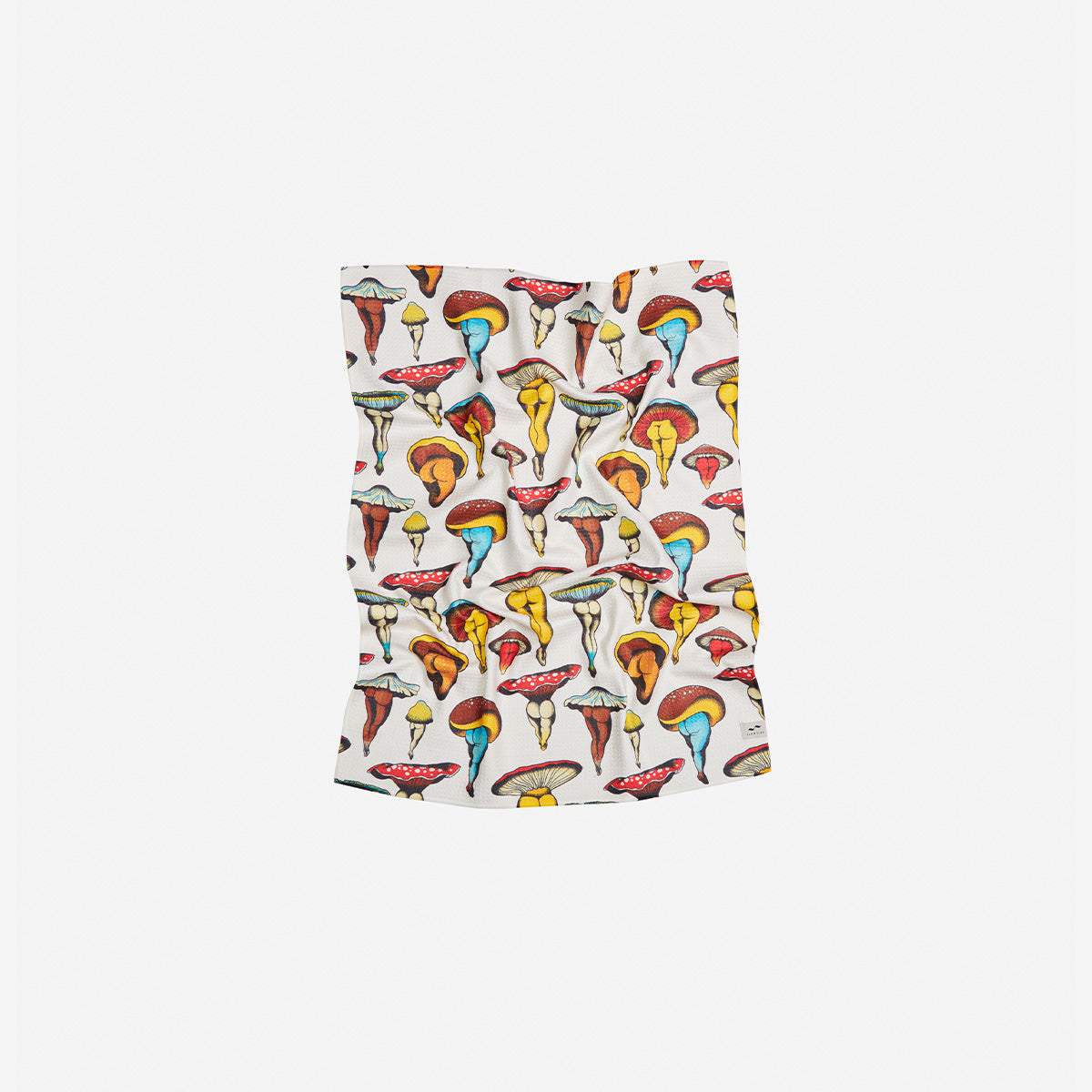 Dish towel with colorful mushroom pattern on white background, sustainable fabric, slightly wrinkled.