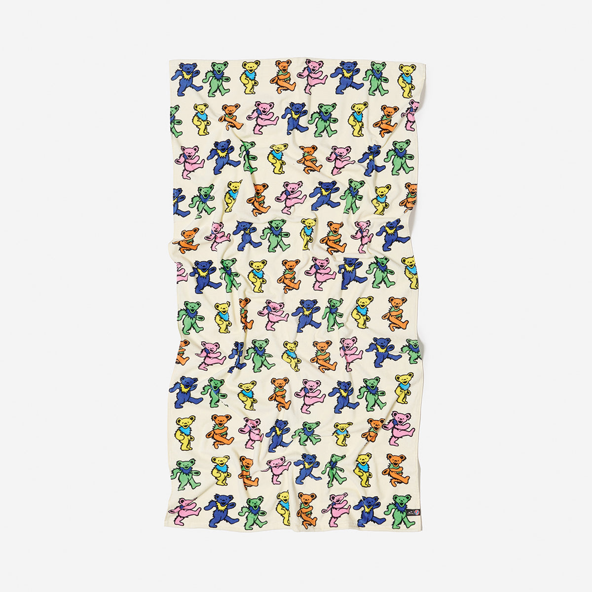 Cream cotton towel scarf with colorful dancing cartoon bear pattern, eco-friendly.