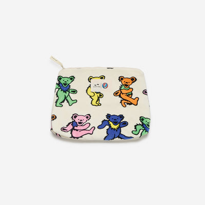 Terry pouch with colorful Dancing Bears pattern on white, ideal for travel organizing.