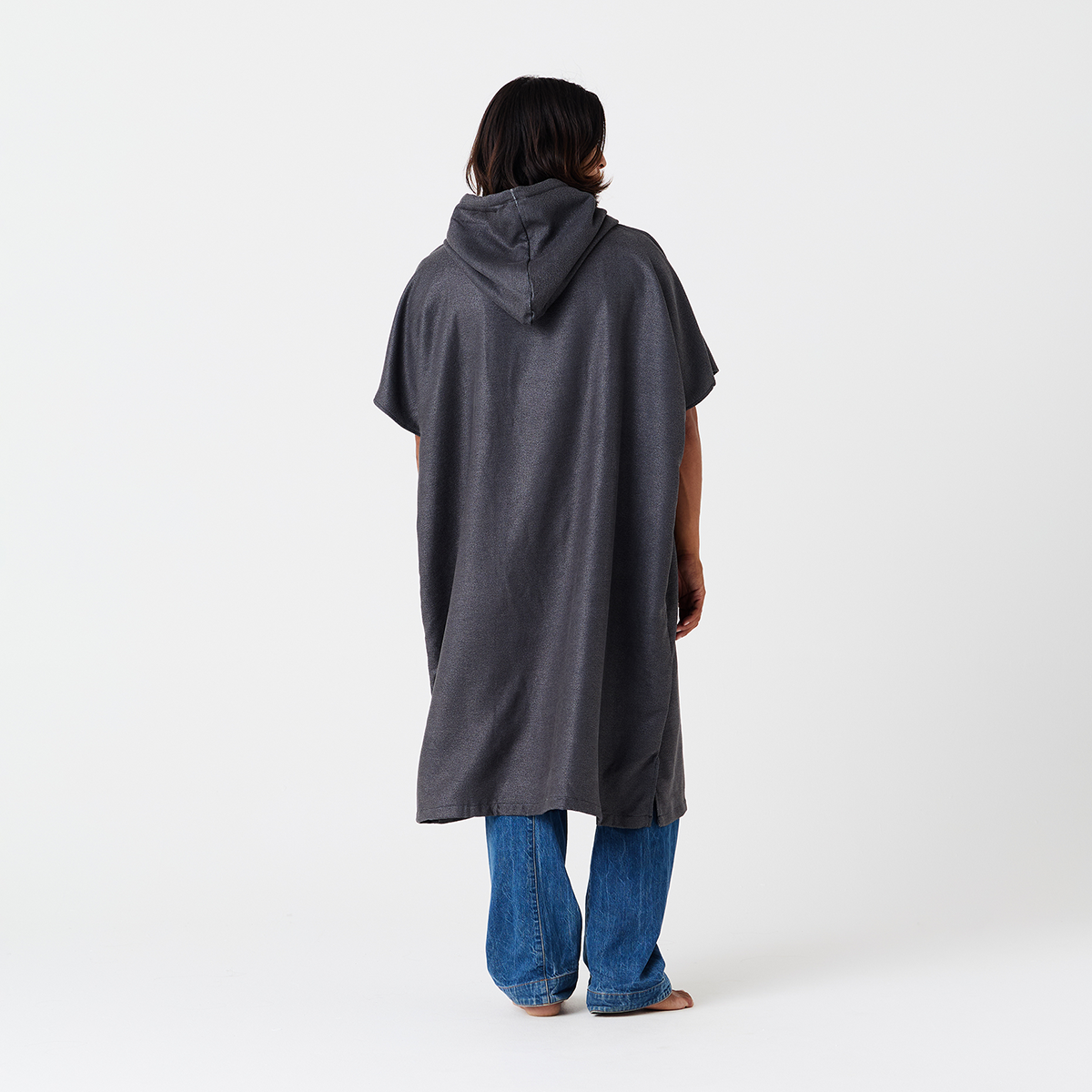 Gray quick-drying changing poncho with hood shown from the back.