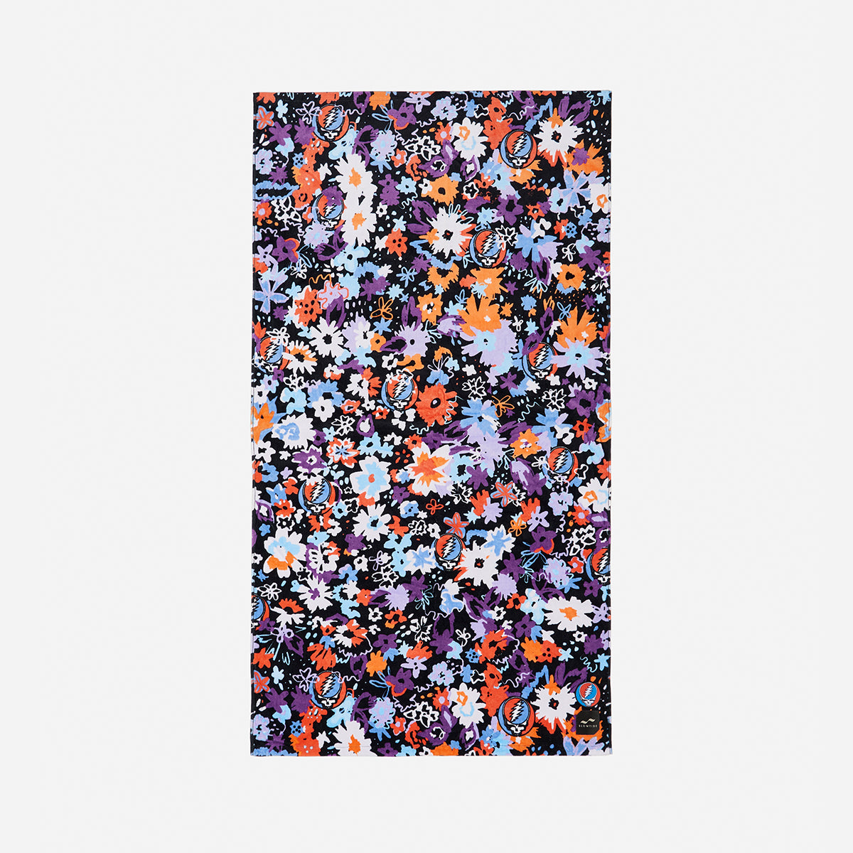 Absorbent towel with multicolored floral pattern on black background.