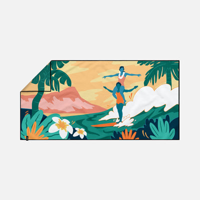 Beach towel with abstract tropical plant pattern and quick-dry towel surfing wave design.