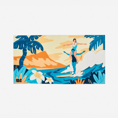 Beach towel, absorbent cotton, tropical leaf and flower print with ocean wave design.