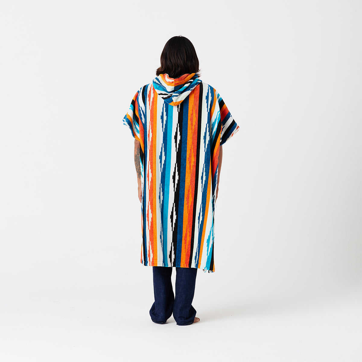 Poncho towel, cotton terry, striped pattern with hood.