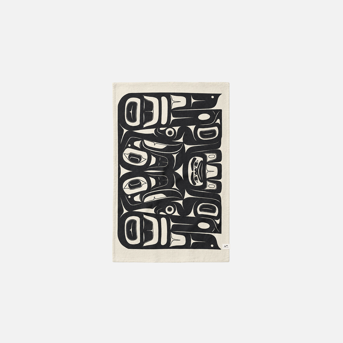 Kitchen towel, beige cloth with bold black Indigenous-style abstract pattern, sustainable material.