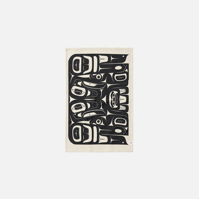 Kitchen towel, beige cloth with bold black Indigenous-style abstract pattern, sustainable material.