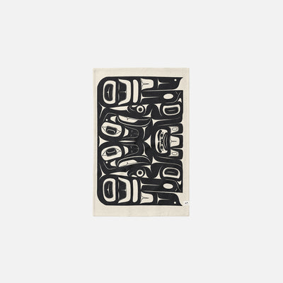 Beige recycled microfiber kitchen towel with bold black Indigenous-inspired symmetrical art.