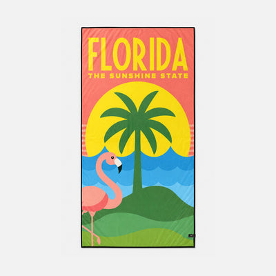 Quick-drying towel with colorful Florida, palm tree, sun, wave, and flamingo design.