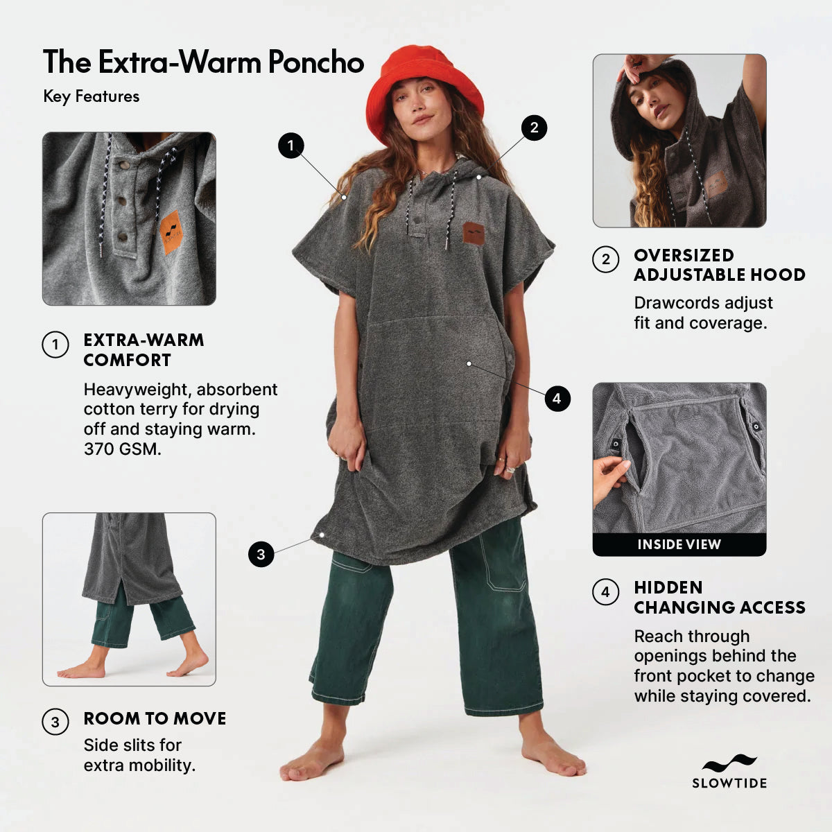 Cotton terry towel poncho in gray with hood and front pocket.