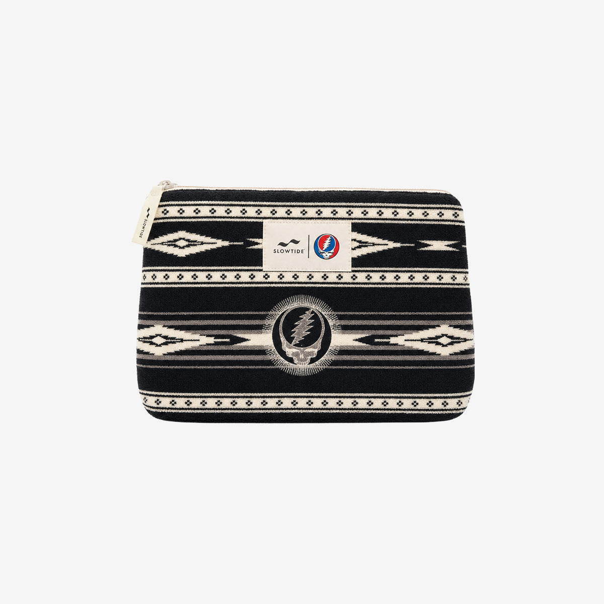 Zip pouch with black and white geometric print and two small front logos.