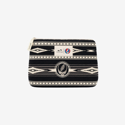 Zip pouch with black and white geometric print and two small front logos.