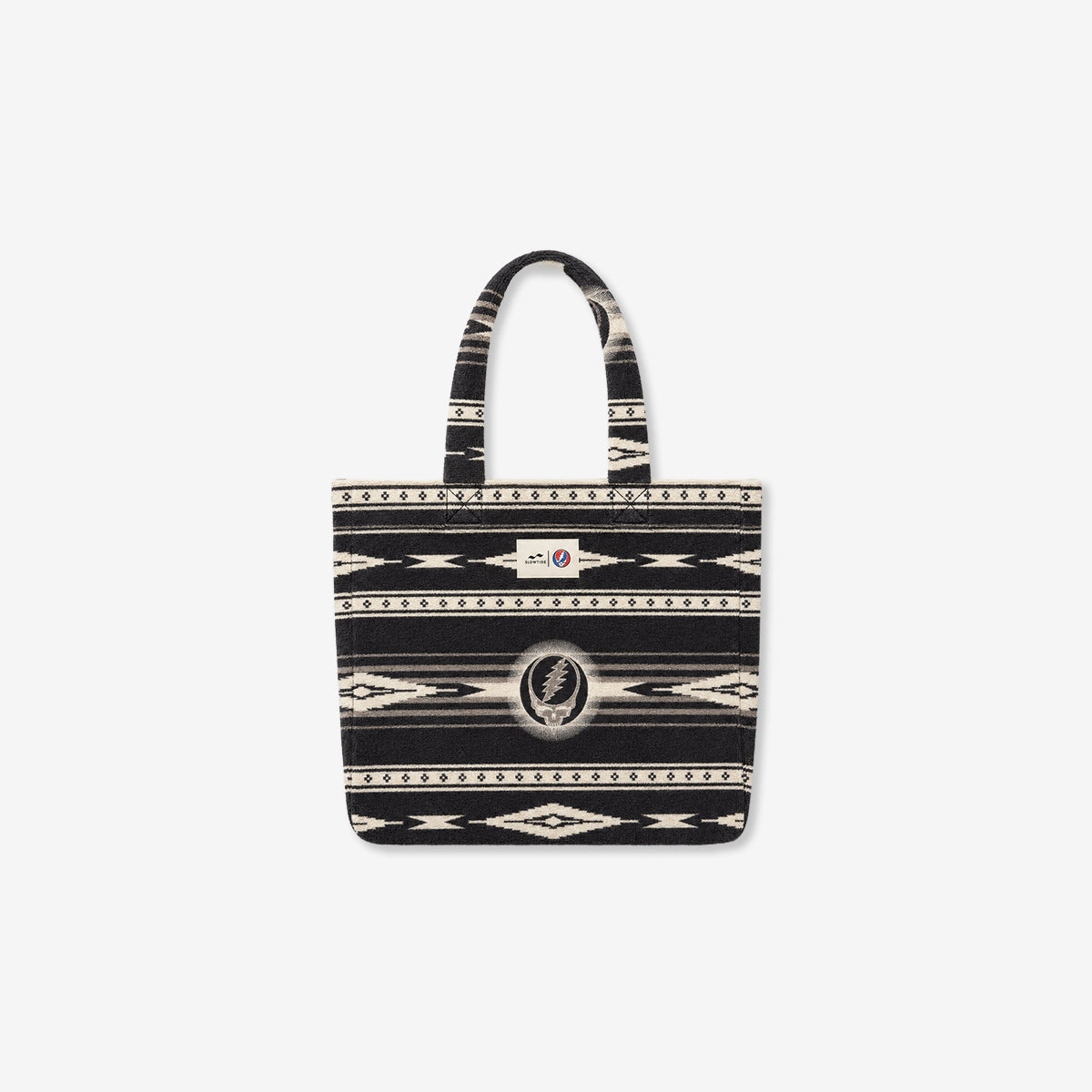 Beach bag, black and white pattern, two handles, circular center logo.