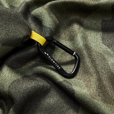 Carabiner on camo towel with yellow strap.