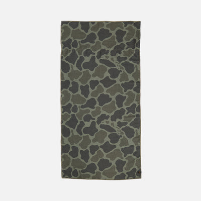 Camo print towel with green camouflage pattern.