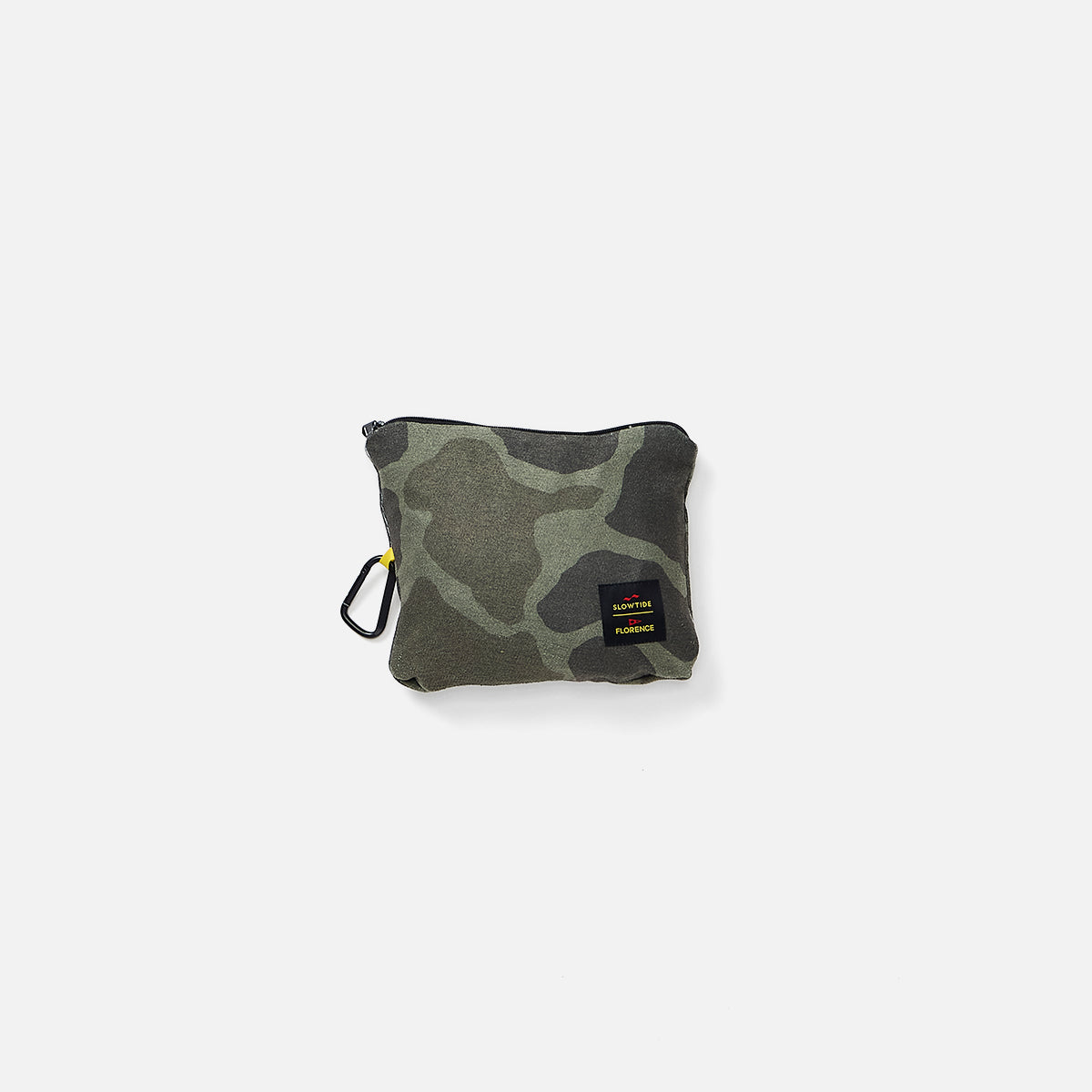 Camo print pouch with black carabiner, fits travel or quick dry towel.