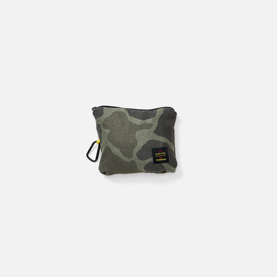 Camo print pouch with black carabiner, fits travel or quick dry towel.
