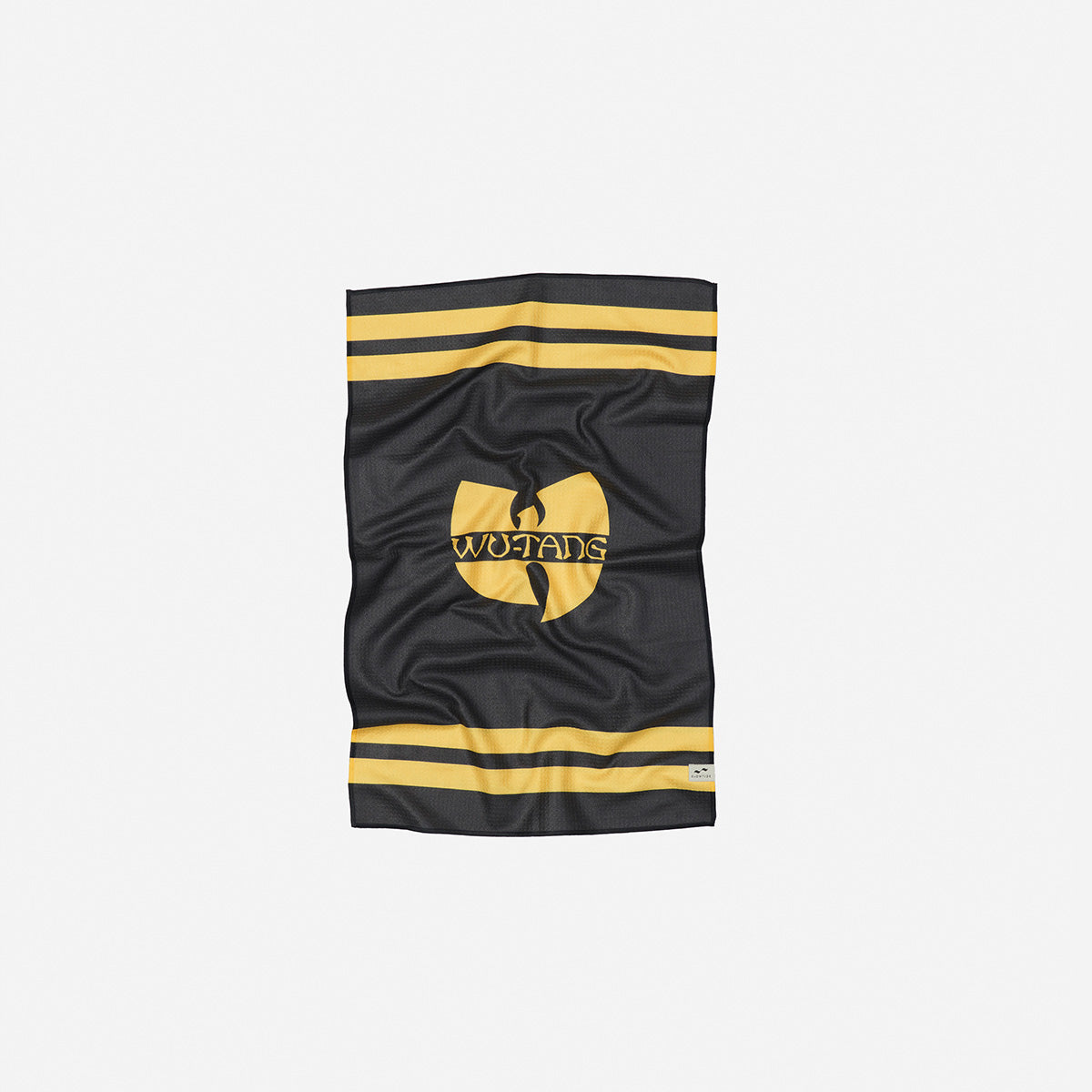 Black recycled microfiber kitchen towel with yellow logo and stripes on white.